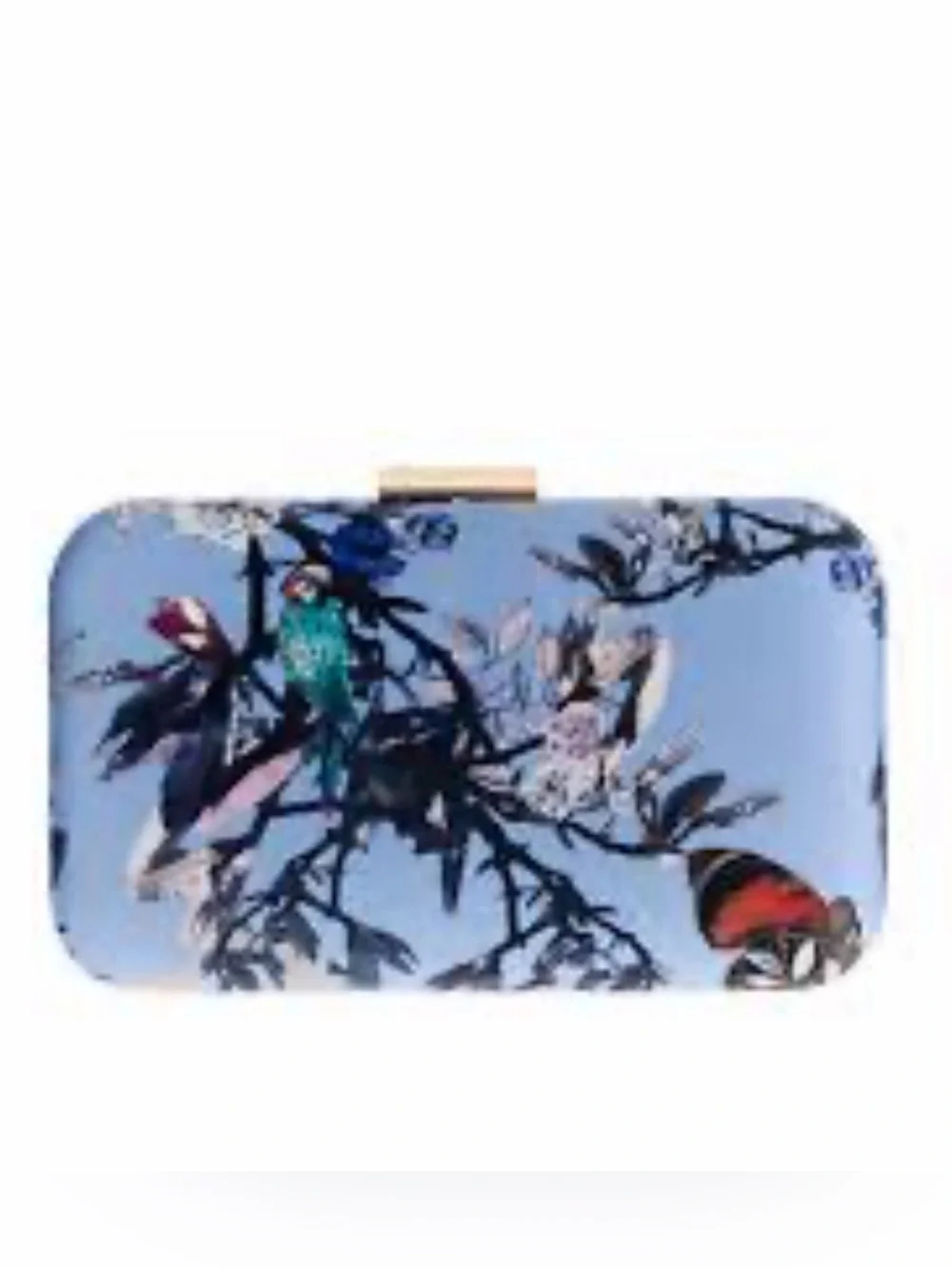 Rare Vintage J. Crew Light Blue Floral & Parrot Clutch with Gold-Tone Accent